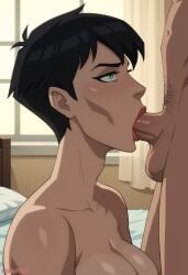 1girls ai_generated batman:_hush batman_(series) black_hair blowjob bubbleteexl catwoman catwoman_(dcamu) cum dark_hair dc dc_comics dcamu female female_focus green_eyes pale-skinned_female pale_skin pixie_cut selina_kyle short_hair sucking sucking_penis