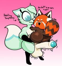 :3 :3_face adult_on_cub adult_on_young adult_woman ass ass_crack ass_focus blue_tip butt butt_focus chikn_nuggit cub cyan_eyes cyan_fur cyan_hair fox fox_boy fox_ears fox_tail ftm_crossgender furry_female furry_male futanari genderswap getting_bigger getting_erect getting_horny gradient_background male_cub nervous_expression nervous_face nervous_sweat o~o panda red_fur red_hair red_panda resisting_orgasm simple_background slushi_(chikn_nuggit) sody_pop_(chikn_nuggit) sweat temptation tempting throbbing_penis turned_on uncircumcised uncut young younger_male