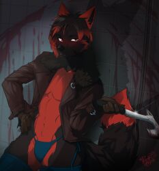 absurd_res anthro axe canid canine capcom clothing fennec_fox fox fur gloves handwear hi_res jacket leon_kennedy male mammal multicolored_body multicolored_fur pechensen resident_evil solo thick_thighs thong tobi-kun topwear true_fox underwear