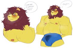 absurd_res animal_crossing anthro barazoku blue_clothing blue_eyes blue_underwear blush bodily_fluids brown_mane bulge clothed clothing dialogue english_text eyewear felid fur glasses hi_res lion male mammal mane mott_(animal_crossing) multiple_poses muscular muscular_anthro muscular_male nintendo nipples one_eye_closed pantherine pecs pose simple_background smile solo speech_bubble sush1d0g3 sweat teasing text topless underwear video_games wet wet_clothing wet_underwear white_background wink yellow_body yellow_fur