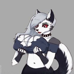 1girls anthro big_breasts breast_expansion breast_growth breast_growth_(enlargement) breasts breasts_bigger_than_head canid canine canis clothed clothing crop_top demon demon_girl ears expansion expansion_fetish female fingerless_gloves furry goth goth_girl grey_body grey_fur grey_hair hands_on_breasts hellhound helluva_boss inflatable inflation inflation_fetish long_hair looking_at_breasts loona_(helluva_boss) mythological_canine mythological_creature mythology no_bra open_mouth red_sclera spiked_collar surprised surprised_expression tail two-tone_body two-tone_fur two-tone_tail vivienne_medrano vivziepop white_body white_eyes white_fur wolf wolf_girl