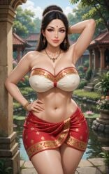 1girls ai_assisted ai_generated architecture armpit_crease armpits bandeau bangle belly_button bindi black_hair cleavage earrings embroidery eyelashes female grok hair_bun hair_tie hand_on_hip hourglass_figure indian indian_clothes indian_female large_breasts light-skinned_female lipstick long_hair midriff necklace nipple_outline one_arm_behind_head one_hand_on_hip outdoor_background pond purple_eyes rgomez007 saree sari sarong seductive_look self_upload shrine smiling_at_viewer solo_female stable_diffusion standing thick_lips thick_thighs tied_hair traditional_clothes wide_hips