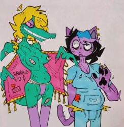 2d 2d_(artwork) 2d_artwork 2female 2females 2girl 2girls 2woman 2women bandaid bandaids_on_nipples black_hair black_hair_female blonde_hair blonde_hair_female bratty_(undertale) cat_ears cat_girl cat_humanoid cat_tail catgirl catty_(undertale) crocodile crocodile_girl crocodile_humanoid crocodilian crocodilian_humanoid fdipper2 feline female female_only flashing flashing_boobs flashing_breasts green-skinned_female green_skin green_skinned_female pink_eyes pink_eyes_female purple_skin purple_skinned_female skinny skinny_arms skinny_female skinny_girl skinny_legs skinny_waist slutty_female taped taped_nipples text thong thong_bikini undertale undertale_(series) white_teeth
