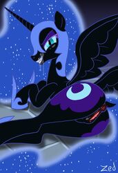 accurate_art_style alicorn anus ass black_body black_fur blue_eyes blue_slcera bodily_fluids correct_artstyle cutie_mark dark_persona drooling equid fangs female feral friendship_is_magic fur genitals hi_res horn looking_back mammal my_little_pony nightmare_moon_(mlp) princess_luna_(mlp) pussy pussy_blush saliva solo sparkles wings zed001