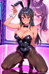 ai_generated animal_ears bangs bare_shoulders black_footwear black_hair black_leotard black_pantyhose blush bow bowtie breasts cleavage detached_collar fake_animal_ears female hair_ornament hairclip high_heels large_breasts leotard long_hair mai_sakurajima pantyhose playboy_bunny purple_eyes rabbit_ears reflection sakurajima_mai seishun_buta_yarou_wa_bunny_girl_senpai_no_yume_wo_minai solo sort45 squatting stage strapless strapless_leotard sweat wrist_cuffs zoom_layer