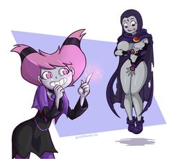 2girls assisted_exposure blush covering_breasts covering_crotch covering_self dc dc_comics embarrassed erobuggy female_only goth grey_skin hi_res highres jinx_(dc) magic pink_hair purple_hair raven_(dc) teen_titans torn_clothes twintails