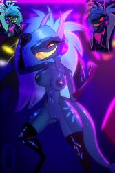 anthro ass background_character big_breasts big_butt blacklight blacklight_paint blue_body blue_skin bodily_fluids bouncing_breasts breasts camel_toe casual_nudity clothing crowd dancing electronics fangs female fingerless_gloves gloves green_teeth grope group hair hand_print handwear hazbin_hotel headphones hell hellaverse horn kiss_mark legwear long_hair long_horn looking_at_viewer neon_lights nipples nude nude_female party pickle_juice public public_nudity rave red_eyes smile smiling_at_viewer solo sweat tail teasing teeth thick_thighs thigh_highs wet