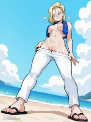 ai_generated android_18 aqualloyd barely_visible_breasts barely_visible_pussy blonde_hair blue_eyes blue_vest breasts clouds dragon_ball dragon_ball_z feet flip_flops navel ocean pubic_hair pulled_down_pants pussy toes toned_body toned_female tongue_out white_pants