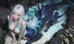 1girls ai_generated blue_eyes breasts mermaid monster_girl naked nipples nude nude_female taur underwater white_hair