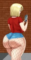 about_to_burst android_18 ass_too_big barely_contained barely_contained_ass barely_fits blonde_hair blue_eyes breasts bursting_butt curvy_female curvy_hips daisy_dukes denim denim_bottomwear denim_clothing denim_jeans denim_shorts dragon_ball_z female female_focus fishnet_legwear holding_phone imminent_wardrobe_malfunction inconvenient_ass inconvenient_butt jean_shorts jeans jeans_shorts large_breasts looking_at_viewer looking_back looking_back_at_viewer red_shirt short_hair slightly_chubby slightly_chubby_female solo straining_clothing thick_ass thick_thighs tight_clothes tight_clothing tight_fit tight_fitting_clothing tight_jeans tight_shorts too_tight undersized_clothes undersized_clothing wide_hipped_female wide_hips
