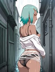 1girls ai_generated alley almost_naked arm_support ass bare_legs barely_clothed bra breasts dark-skinned_female dark_skin exposed_ass exposed_breasts female fuu_(naruto) green_hair long_hair looking_at_viewer mostly_nude narugirlshot naruto naruto_(series) naruto_shippuden orange_eyes outdoors panties petite pinup presenting_ass raining see-through see-through_clothing shirt shoulder_length_hair sideboob skirt skirt_only smile solo standing underwear wet wet_body wet_clothes wet_skin