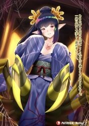 arachne arthropod arthropod_girl bug butter-t cum cum_on_body dress facial female jorougumo limbs looking_at_viewer monster monster_girl non-web_source pointy_ears sleeves_past_fingers sleeves_past_wrists spider spider_girl taur