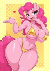 1girls anthro anthrofied artist_signature belly_button big_breasts big_hips big_tail big_thighs bikini blue_eyes busty cleavage diamondheart21 earth_pony female_only friendship_is_magic front_view golden_bikini golden_swimsuit golden_week hand_gesture heart long_hair looking_at_viewer midriff my_little_pony open_mouth open_smile pink_body pink_hair pink_tail pinkie_pie_(mlp) pony simple_background small_bikini solo solo_female standing swimsuit three-quarter_portrait underboob