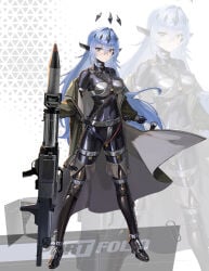 1girl absurdres alcientia arm_strap black_bodysuit blue_hair bodysuit boots breasts chain chastity_belt chastity_bra coat collar collarbone commentary_request grey_eyes high_heel_boots high_heels highres holding holding_rocket_launcher holding_weapon jpg latex latex_bodysuit looking_at_viewer mecha_musume medium_breasts original personification revision rocket_launcher sgt_daniel skin_tight skindentation solo spread_legs standing thigh_boots thigh_strap weapon zoom_layer