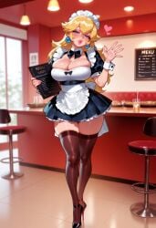 1girls ai_generated alternate_costume apron balecxi black_bow black_bowtie black_dress black_footwear blonde_hair blue_eyes blush bow bowtie breasts brown_thighhighs cafe ceiling_light cleavage clothing counter cup curvaceous curvaceous_female curvaceous_figure curvy curvy_figure detached_collar dress drink drinking_glass drinking_straw earrings english_text enmaided female female_focus female_only footwear frilled_apron frills full_body hair_between_eyes headdress headwear high_heels holding indoors inviting jewelry large_breasts legwear lips long_hair looking_at_viewer maid maid_apron maid_headdress menu menu_board nintendo parted_lips pink_lips pink_nails presenting presenting_ass presenting_breasts presenting_hindquarters presenting_pussy presenting_self princess_peach puckered_lips puffy_short_sleeves puffy_sleeves restaurant seductive seductive_look seductive_smile shoes short_sleeves skindentation solo sphere_earrings stool super_mario_bros. thick_lips thick_thighs thighhighs thighs tray uniform voluptuous voluptuous_female waist_apron waitress waving white_apron wrist_cuffs zettai_ryouiki