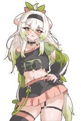 1girls alternate_costume animal_ears baddie black_headband black_shirt black_skirt black_thighhighs cowboy_shot cropped_legs ddrawins detached_sleeves female ferret_ears ferret_girl ferret_tail frown garter_straps goth_fashion green_eyes green_fur green_hair green_tail hand_on_own_hip headband indie_virtual_youtuber laimu long_hair looking_at_viewer midriff open_mouth screentones shirt simple_background skirt solo standing thighhighs thighs virtual_youtuber vtuber white_background white_shirt