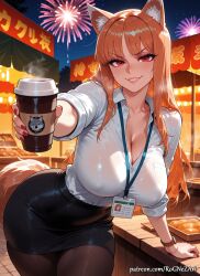 2026 ai_generated alternate_breast_size animal_ear_fluff animal_ears animal_tail anime bangs black_skirt breasts brown_hair cat_ears cleavage coffee_cup collarbone crossover cup disposable_cup eye_contact female female_focus female_only fireworks food highres holding holo holo_(spice_and_wolf) huge_breasts id_card lanyard large_breasts long_hair looking_at_viewer nail_polish night nsfw office_lady orange_hair pantyhose patreon patreon_username pencil_skirt red_eyes red_nails rognezart shirt skirt smile smiling solo spice_and_wolf tail very_long_hair white_shirt wolf_ears wolf_girl wolf_tail