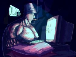 artist_name artist_signature bare_chest big_chest bucket bucket_hat buff buff_male caine_censorship censored_swearing chest cigar computer dabbod digital_media_(artwork) glitch_productions gooseworx heart_tattoo highlights_(coloring) keyboard kinger_(the_amazing_digital_circus) meme muscular muscular_male pecs pillow sketch smoking swear swearing tadc_censor_bar tattoo the_amazing_digital_circus