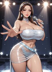 1girls ai_assisted ai_generated belly_button bracelet brunette_hair bursting_breasts cleavage earrings eyelashes female foreshortening grok hair_over_shoulder hairband holding_microphone idol lipstick long_hair loose_hair massive_breasts microphone midriff neck_jewelry necklace reaching_out reaching_towards_viewer rgomez007 seductive_look self_upload shiny_clothes silver_dress skindentation smiling_at_viewer solo_female spotlights stable_diffusion stage stage_lights thick_lips thick_thighs transparent_clothing tube_top voluptuous wide_hips