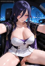 1boy ai_generated bangs black_hair black_jacket black_panties blush breasts car_interior cleavage clorinde clothing_aside collarbone dark_purple_hair_in_long_ponytail dress elegant_champion_duelist_outfit_with_cape female genshin_impact hair_between_eyes jacket large_breasts long_hair looking_at_viewer outstretched_arms panties panties_aside penis pov purple_eyes purple_hair pussy sex shiny shiny_skin sidelocks solo_focus spread_legs straight sweat thighs underwear vaginal_penetration white_dress