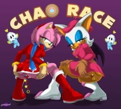 2girls 5_fingers amy_rose anal_beads anus bat chao_(sonic) chiropteran duo eyelashes fingers hair half-closed_eyes hedgehog hedgehoglove lips looking_at_viewer looking_back multiple_girls pink_body pink_hair pussy rouge_the_bat scarf sega sex_toy smile sonic_(series) tan_body white_hair wings