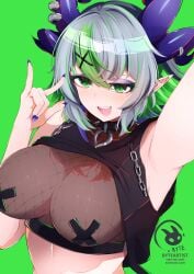 froot virtual_youtuber vtuber indie_virtual_youtuber 1girls solo female upper_body simple_background artist_name patreon_username twitter_username artist_logo pale_skin pale-skinned_female crop_top hoodie hood hood_down armpits armpit arm_up devil_horns sign_of_the_horns fishnets fishnet_clothing fishnet_top fishnet_topwear nipple_pasties pasties cross_pasties breasts big_breasts large_breasts chains collar spiked_collar bare_shoulders sleeveless painted_nails nail_polish purple_nails horns horn_piercing short_hair grey_hair green_eyes green_hair multicolored_hair pointy_ears eyeshadow purple_eyeshadow open_mouth tongue teeth smile happy eyelashes shaved_armpit blush looking_at_viewer