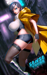 1girls big_breasts black_hair blue_eyes breasts ear_piercing female_only huge_breasts lipstick looking_back mei-lin_mak sense:_a_cyberpunk_ghost_story short_hair shy thick_legs thick_thighs thighs unknown_artist