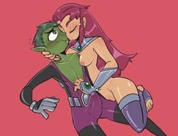 1boy 1boy1girl 1girls alien alien_girl alien_humanoid beast_boy breasts dc dc_comics dcau erect erect_penis erection erection_under_clothing exposed_chest female green_eyes green_hair green_skin heart-shaped_pupils hua kiss kissing long_hair male metahuman nipples orange_skin partial_nudity partially_clothed pectorals pointy_ears red_hair simple_background starfire superhero superheroine tamaranean teen_titans tight_clothing tights