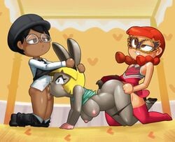 1girls 2boys :3 animal_crossing ass_up big_ass blonde_hair bonbon_(animal_crossing) breasts crossdressing dark-skinned_male fellatio minus8 nintendo panties_down rabbit shirt_up spitroast threesome villager_(animal_crossing)