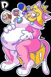 1girls 3boys black_background blonde_hair cat_costume cat_ears cat_peach cat_tail clothing dp1up gulping hi_res item_box kitsune_luigi luigi mario mario_(series) nintendo power_up princess_peach sitting slosh stomach_bulge super_mario_3d_world swallowing tanooki_mario tanooki_suit tanooki_toad throat_bulge toad_(mario) vore