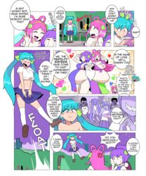 3girls anger_vein big_ass big_belly big_breasts blue_hair blush breasts clothed comic erect_nipples floating goddess green_eyes hair_ornament heart lami_korii lewdlemage long_hair multiple_pregnancies navel outie_navel panties pink_hair pregnant purple_hair red_eyes ribbon short_hair text text_bubble text_focus thick_thighs topless twintails