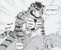 2boys anal anal_sex anthro bara black_and_white canine chang52084 dialogue doujinshi face_down_ass_up feline furry furry_only gay kemono lupine luwei_(artist) male_only manga text tiger yiff