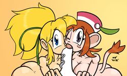 1boy 2girls ass blonde_hair blue_eyes breasts collaborative_fellatio double_fellatio fellatio hat klonoa_(series) lolo_(klonoa) mega_man mega_man(classic) multiple_girls nessvii nude penis pov roll straight tail teamwork