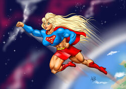 1girls abs belly_button belt biceps big_breasts blonde_hair boob_window boots cosplay costume dc dc_comics dcmatthews earth flight flying green_eyes kara_zor-el long_hair muscles muscular_arms muscular_female muscular_legs nipples signature skirt smile space supergirl superheroine superman_(series) tetsuko