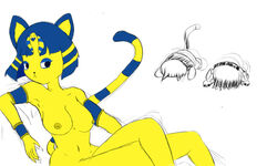 5:3 alternate_body_type alternate_breast_size animal_crossing ankha anthro big_breasts blackpatapon breasts domestic_cat felid feline felis female group hair mammal nintendo nipples nude simple_background solo_focus tom_(animal_crossing) video_games yellow_body