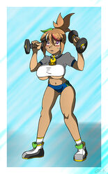 blush brainwashing breast_expansion brown_hair dark-skinned_female dumbbell gym_clothes gym_uniform hypnosis kiroxiii mind_control oc purple_eyes rika_dimensional_ninja unusual_pupils