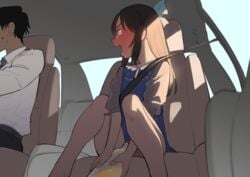 1boy absurdres blue_bow blue_neckwear blush bow brown_eyes brown_hair buta_tsuzumi car_interior collared_shirt container_urination driving embarrassed female hairbow half_updo highres idolmaster idolmaster_cinderella_girls long_hair no_panties nose_blush open_mouth peeing peeing_into_container piss_in_bottle producer_(idolmaster) profile seatbelt shirt shouting sitting sitting_pee solo_focus straight_hair tachibana_arisu tears urinating urinating_female urination urine urine_in_container white_shirt