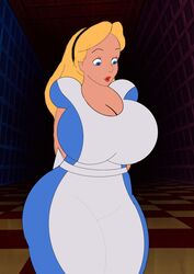 1girls age_progression aged_up alice_(disney) alice_in_wonderland alice_in_wonderland_(1951_film) alice_liddell alternate_breast_size big_breasts big_hips breast_expansion choccymalk curves curvy disney female female_only hourglass large_breasts pawg solo surprised transformation