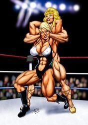 2girls abs angry belly_button biceps big_breasts blonde_hair blue_eyes boots catfight costume dcmatthews female_only fight fighting fighting_ring green_eyes huge_breasts muscles muscular_arms muscular_female muscular_legs nipples satin_steele signature superheroine unnamed_character veins wrestler wrestling wrestling_outfit wrestling_ring