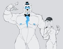 1boy 1girls abs animatronic breasts buff clothing donutk0 female_human five_nights_at_freddy's five_nights_at_freddy's:_security_breach glamrock_freddy_(fnaf) hat headwear heart human larger_male love_heart muscular_male nose_ring security security_guard sexual_tension size_difference smaller_female topwear vanessa_(fnaf)