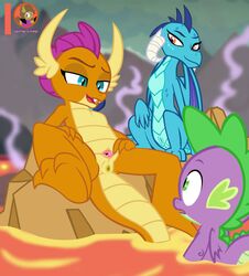 absurd_res anus bedroom_eyes blue_body blue_eyes blue_scales claws correct_artstyle detailed_background dragon fangs female feral friendship_is_magic genitals green_eyes group hi_res horn lava lava_pool looking_at_another lying male mountain my_little_pony narrowed_eyes on_back open_mouth orange_body orange_scales presenting presenting_pussy princess_ember_(mlp) purple_body purple_scales pussy red_eyes rock scales seductive smolder_(mlp) spike_(mlp) spread_legs spread_pussy spreading steam succubi_samus volcanic_setting wings