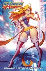 1girls blonde_hair blue_eyes charlotte_vanders comic_cover female_focus female_only female_superhero kamen_america kamen_america_(character) kamen_america_(series) long_blonde_hair long_hair smile superhero superheroine tagme thick_thighs thighs