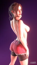 1girls 3d ass big_breasts blender blue_eyes breasts brown_hair brunette capcom claire_redfield cut_offs female_focus jul3dnsfw messy_hair no_bra resident_evil resident_evil_2 resident_evil_2_remake short_shorts shorts softcore solo topless topless_female