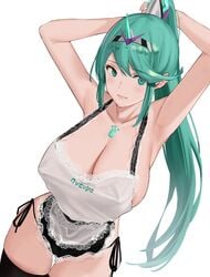 1girls apron areola areola_slip armpits arms_behind_head arms_up bangs black_legwear black_panties blush breasts chest_jewel cleavage collarbone green_eyes green_hair j@ck lace_trim large_breasts panties pneuma_(xenoblade) ponytail sideboob simple_background smile swept_bangs thighhighs thighs tiara underwear very_long_hair white_background xenoblade_(series) xenoblade_chronicles_2