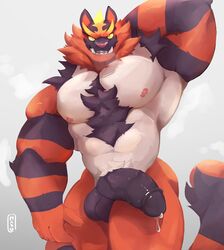 2021 abs anthro balls biceps black_penis bodily_fluids breath chest_tuft dripping erection fangs front_view fur furry_only genital_fluids genitals hand_behind_head hi_res incineroar looking_at_viewer makowolf1 male male_only muscular muscular_anthro muscular_male nintendo nipples no_humans nude open_mouth pecs penis pinup pokémon_(species) pokemon portrait pose precum precum_drip pubes quads sharp_teeth solo standing teeth three-quarter_portrait triceps tuft vein veiny_penis video_games yellow_sclera