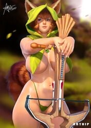 artnip breast_curtains breastcloth crossbow dota dota_2 hood hoodwink_(dota) huge_breasts human humanized personification revealing_clothes string_panties thick_thighs wide_hips