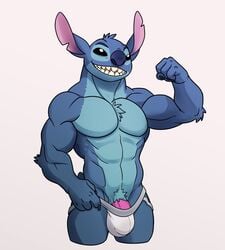 1boy 2021 4_fingers alien anthro anthrofied barely_visible_genitalia barely_visible_penis biceps blue_body blue_fur bulge chest_tuft clothed clothing disney experiment_(lilo_and_stitch) fingers flexing fur genitals hi_res himbo_stitch jockstrap lilo_and_stitch male male_only notched_ear pecs penis sharkiedude sharp_teeth simple_background solo stitch teeth topless tuft underwear underwear_only white_background white_underwear