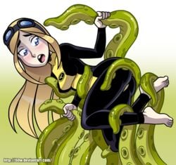 1girls barefoot blonde_hair blue_eyes bodysuit clothed clothing dc dc_comics female female_only goggles goggles_on_forehead green_tentacles linno long_hair open_mouth tara_markov teen_titans tentacle tentacle_grab terra_(dc)