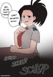 1girls amadeen black_hair momo_yaoyorozu my_hero_academia school_uniform shounen_jump text tied_hair