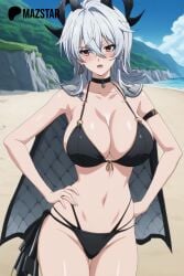 ai_assisted big_breasts bikini black_bikini black_horn eyelashes mazstar orginal_character panties thick_ass thick_thighs white_hair wuthering_waves zani_(wuthering_waves)